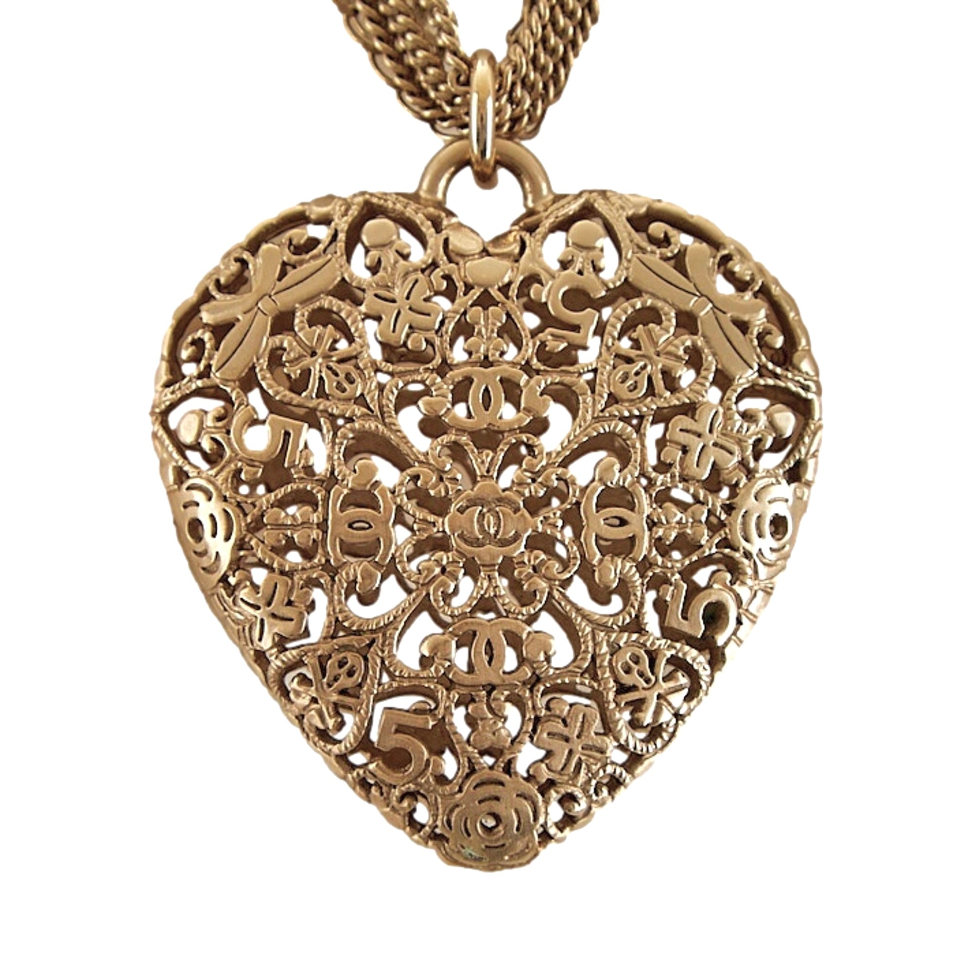 Chanel Gold Logo Heart Pearl Necklace