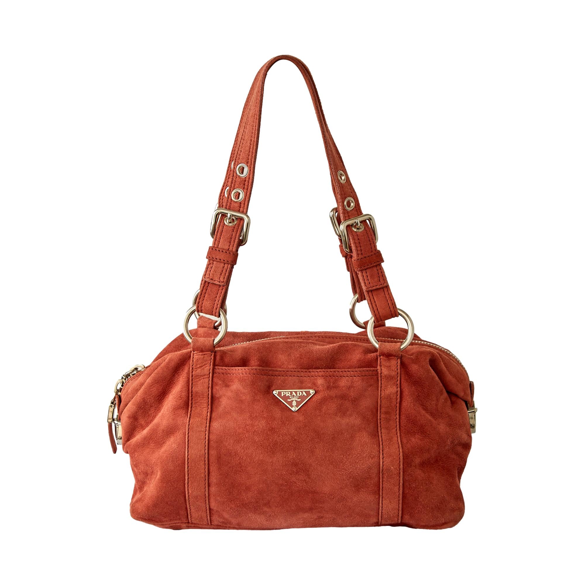 Prada Rust Suede Buckle Shoulder Bag