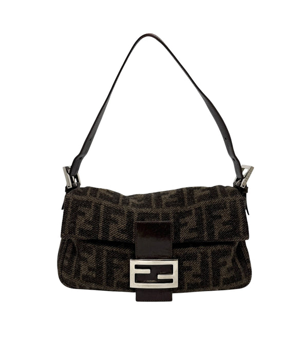 Fendi Brown Wool Logo Baguette Bag