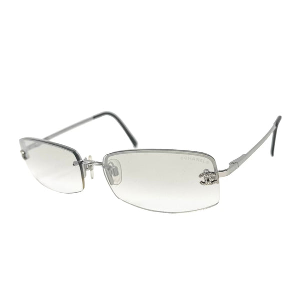 Chanel Mini Light Grey Ombre Rhinestone Logo Sunglasses