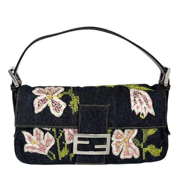 FENDIデニム花柄ビーズバッグ FWRD Renew Fendi Mama Floral Beaded Denim Shoulder Bag in Dark
