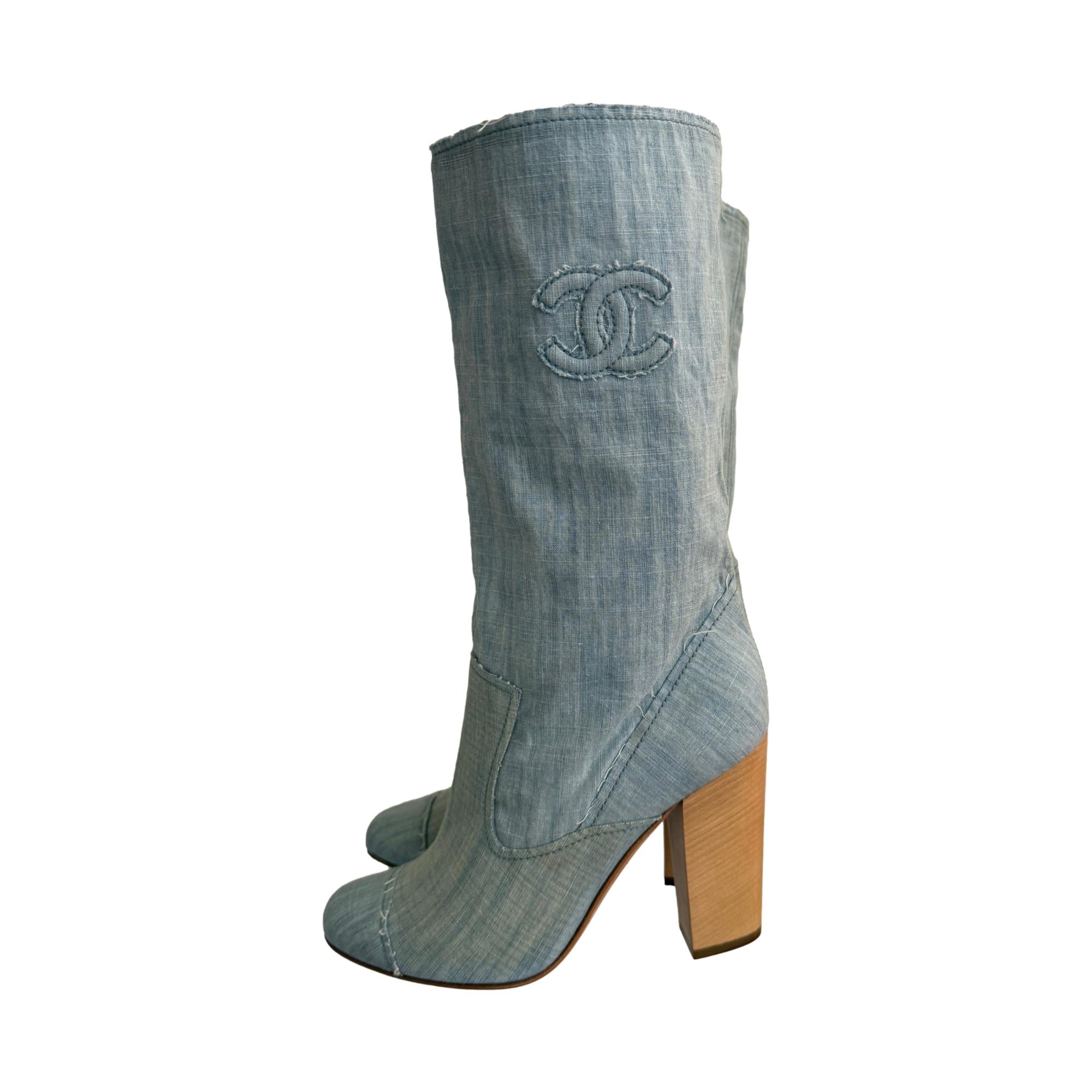 Chanel Denim Logo Distressed Boots