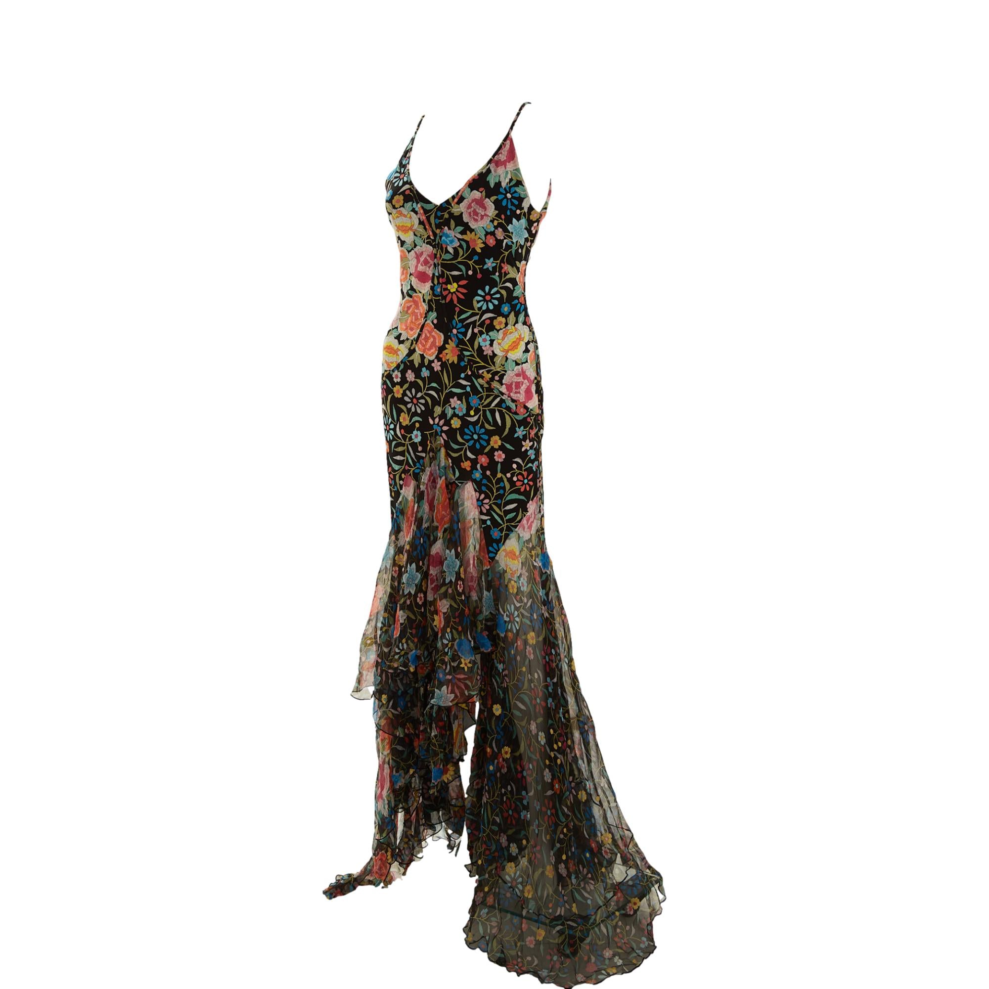 Roberto Cavalli Black Floral Ruffle Gown