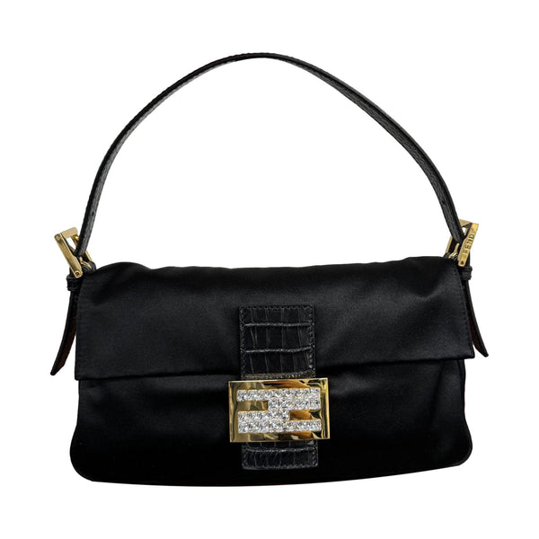 Fendi Black Satin Rhinestone Logo Baguette Bag