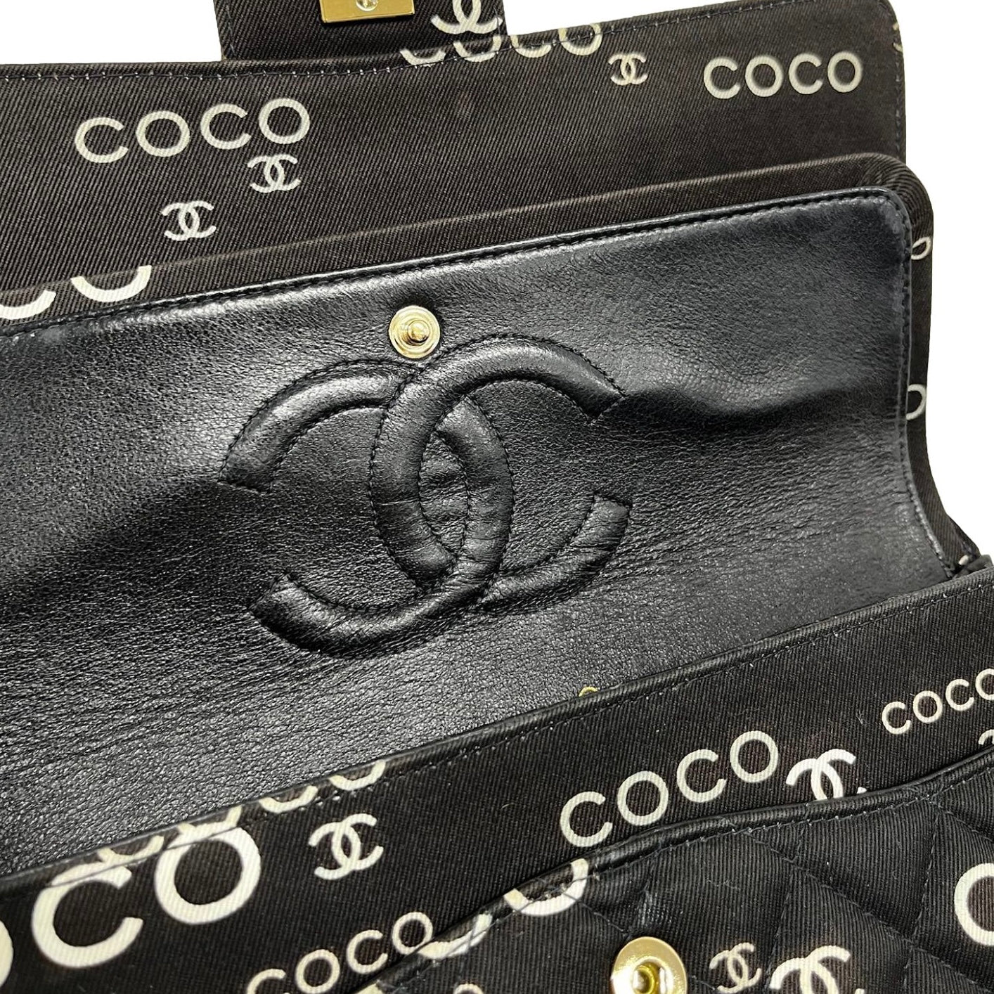 Chanel Black Coco Print Canvas Double Flap Bag