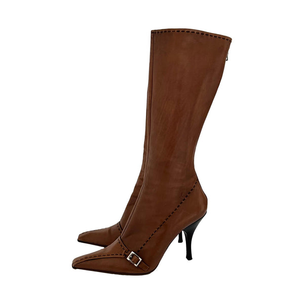 Prada Brown Leather Buckle Knee High Boots – Treasures of NYC