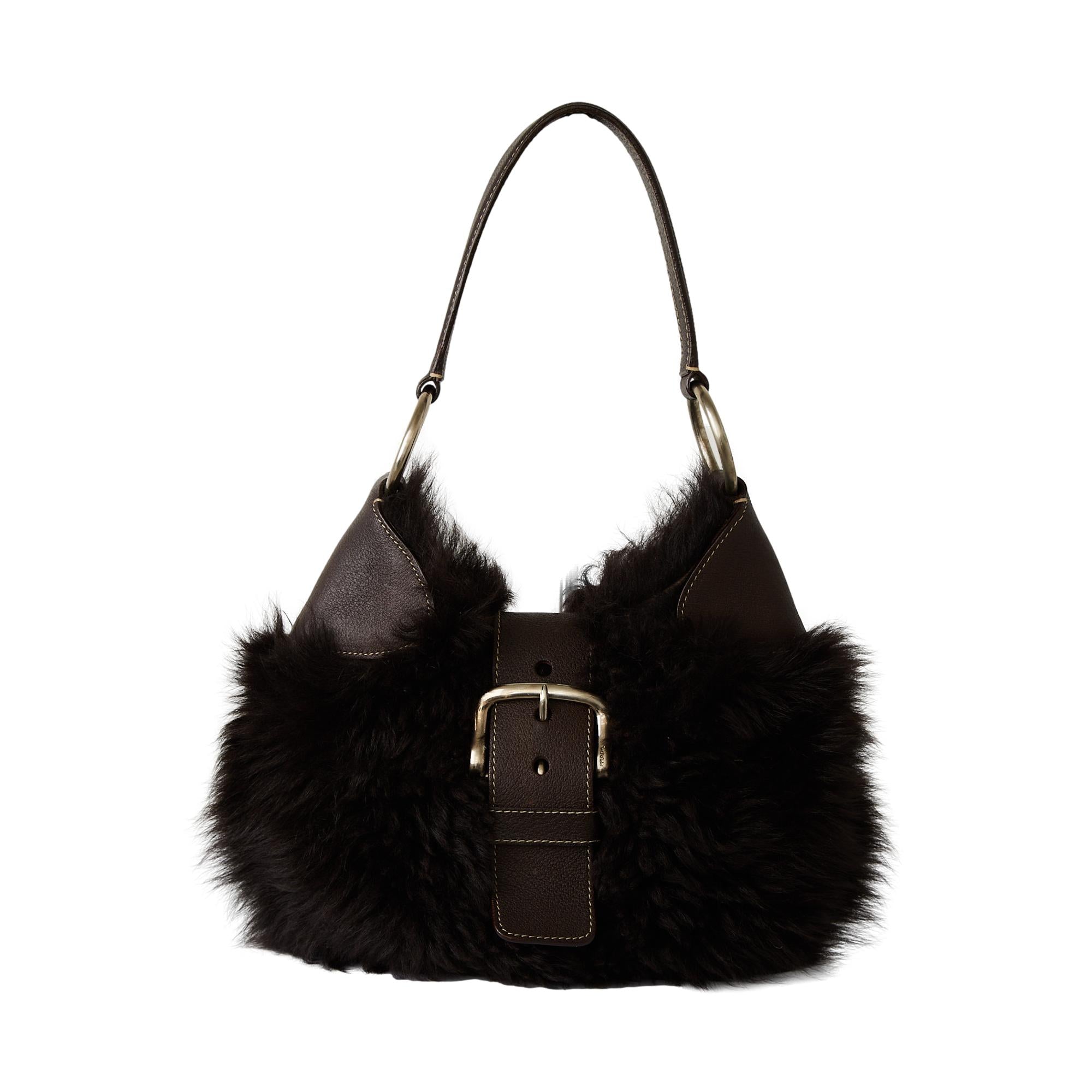 Prada Brown Faux Fur Buckle Shoulder Bag