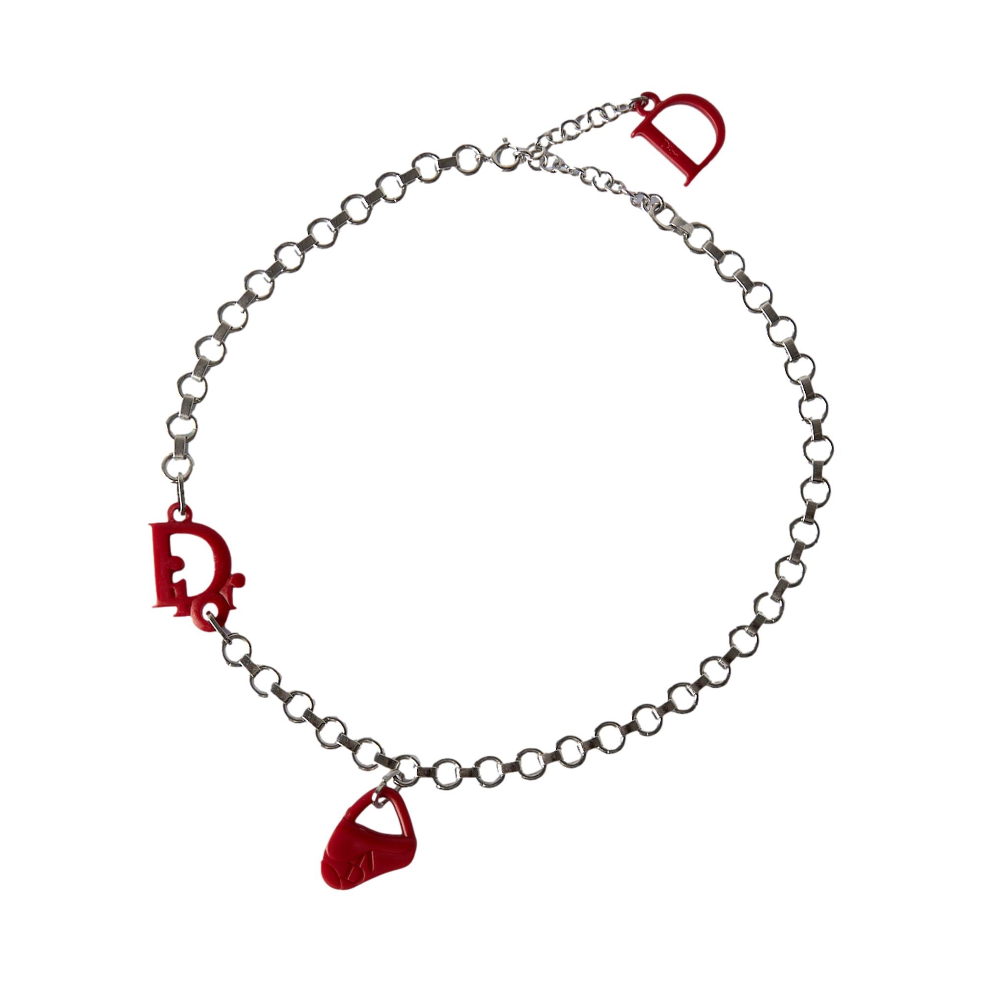 Dior Silver + Red Logo Charm Choker