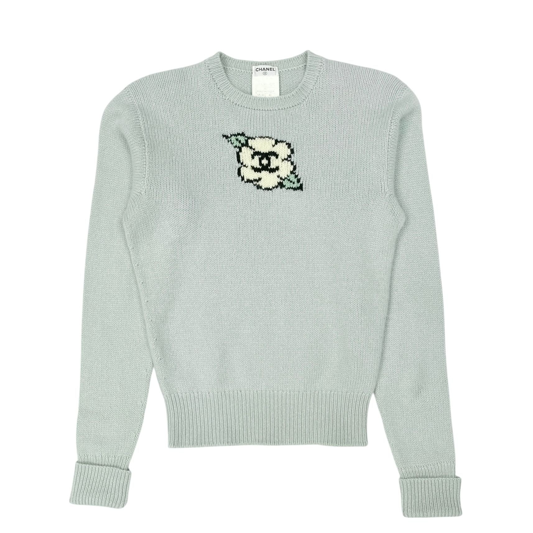 Chanel Baby Blue Cashmere Camelia Sweater