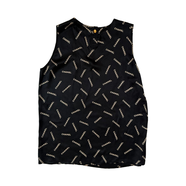 Chanel Black Logo Silk Tank Top