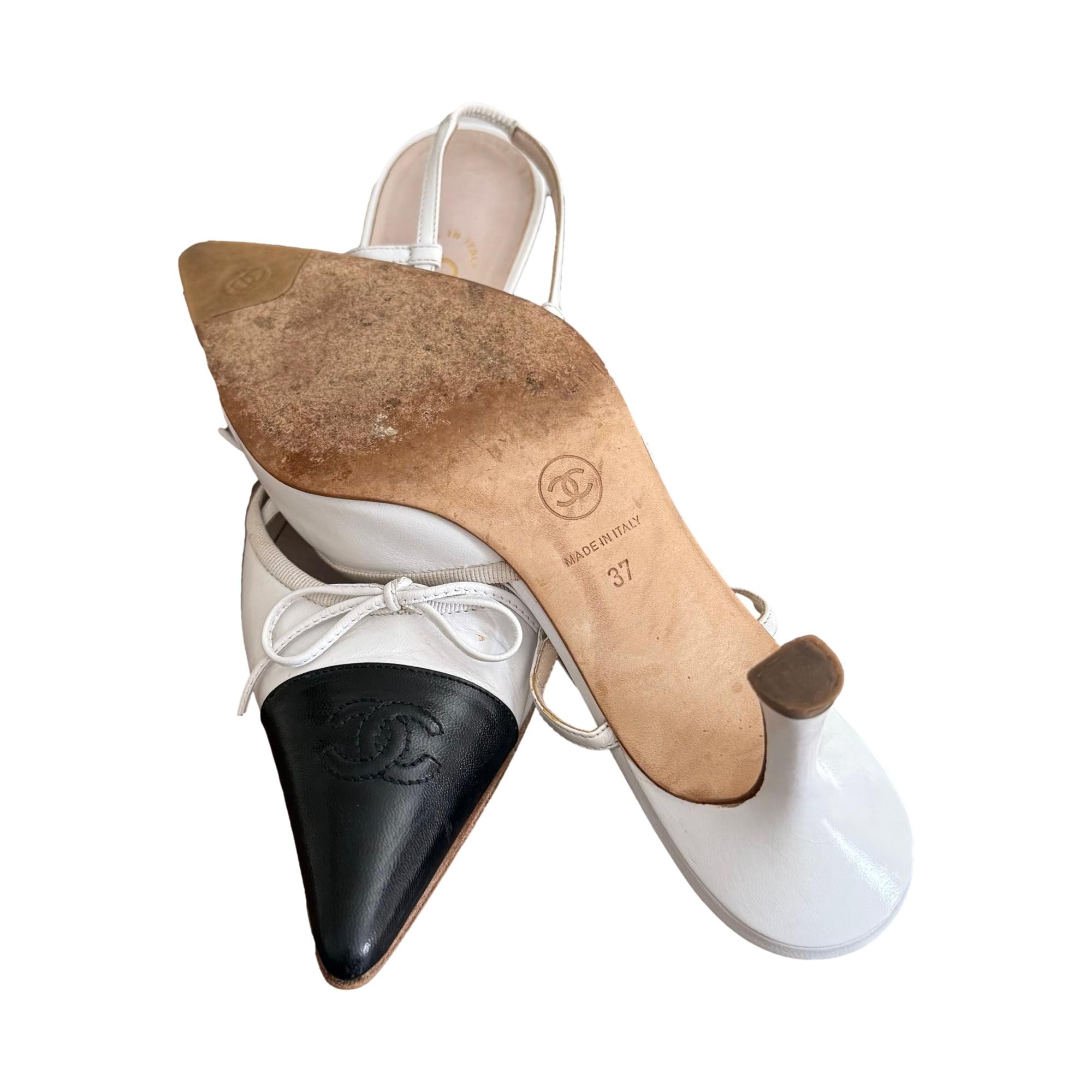 Chanel White Logo Slingback Heels