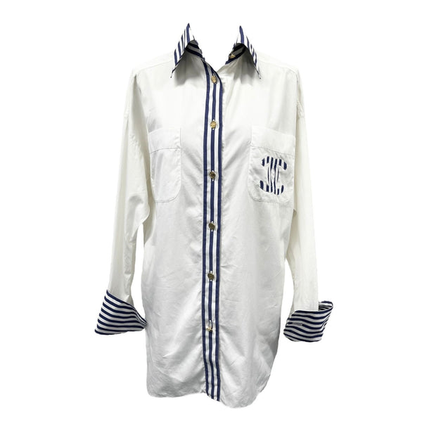 Chanel White Navy Striped Cuff Button-Down