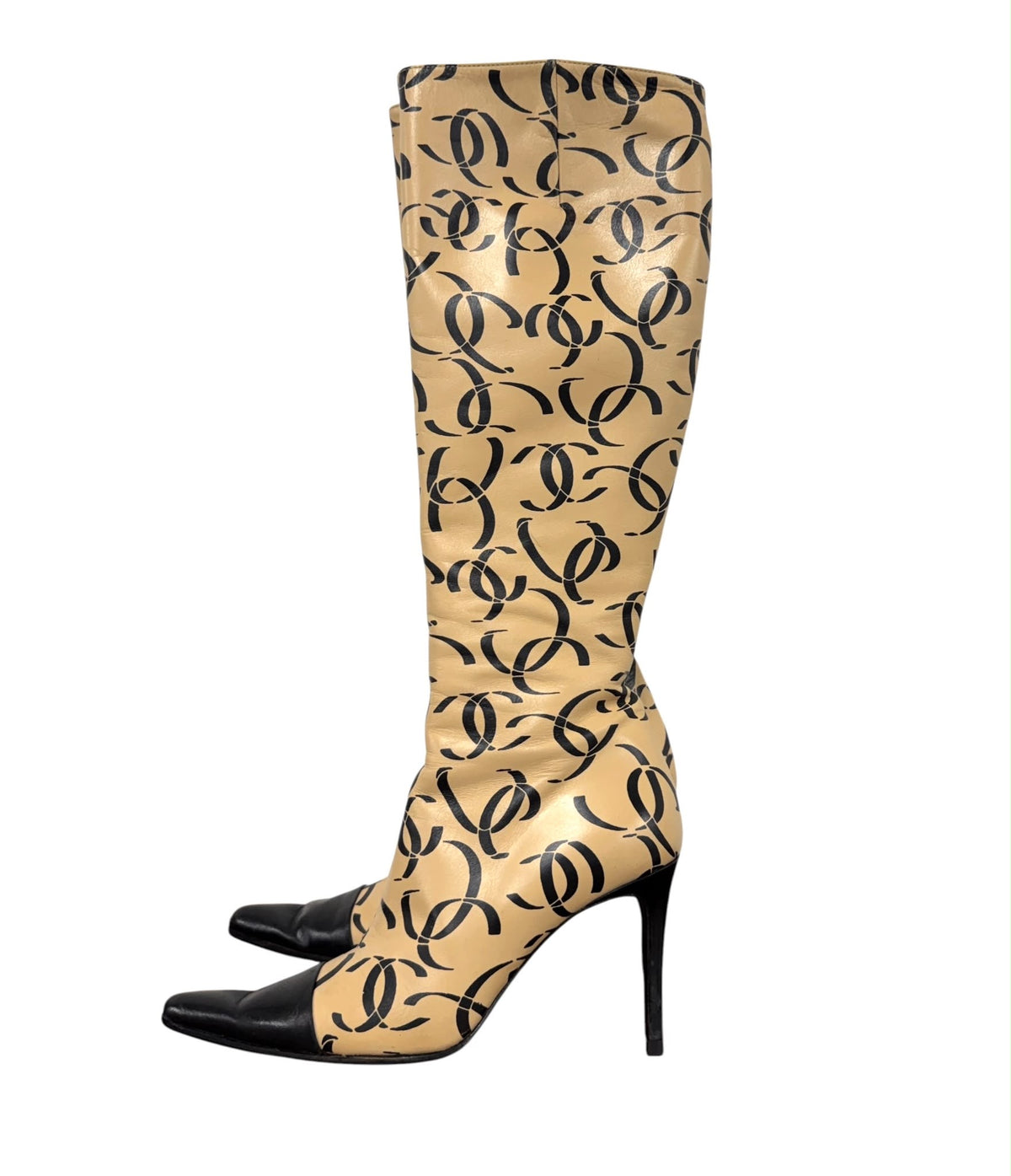 Chanel Tan Logo Knee-High Boots