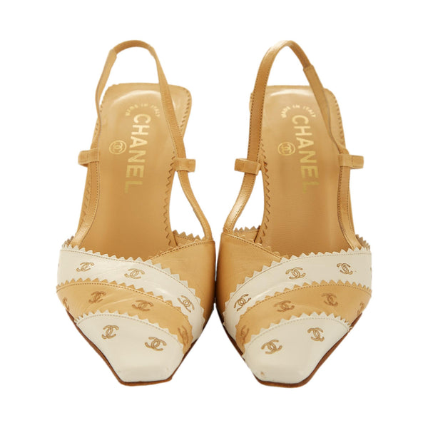 Chanel Beige & White Logo Heels
