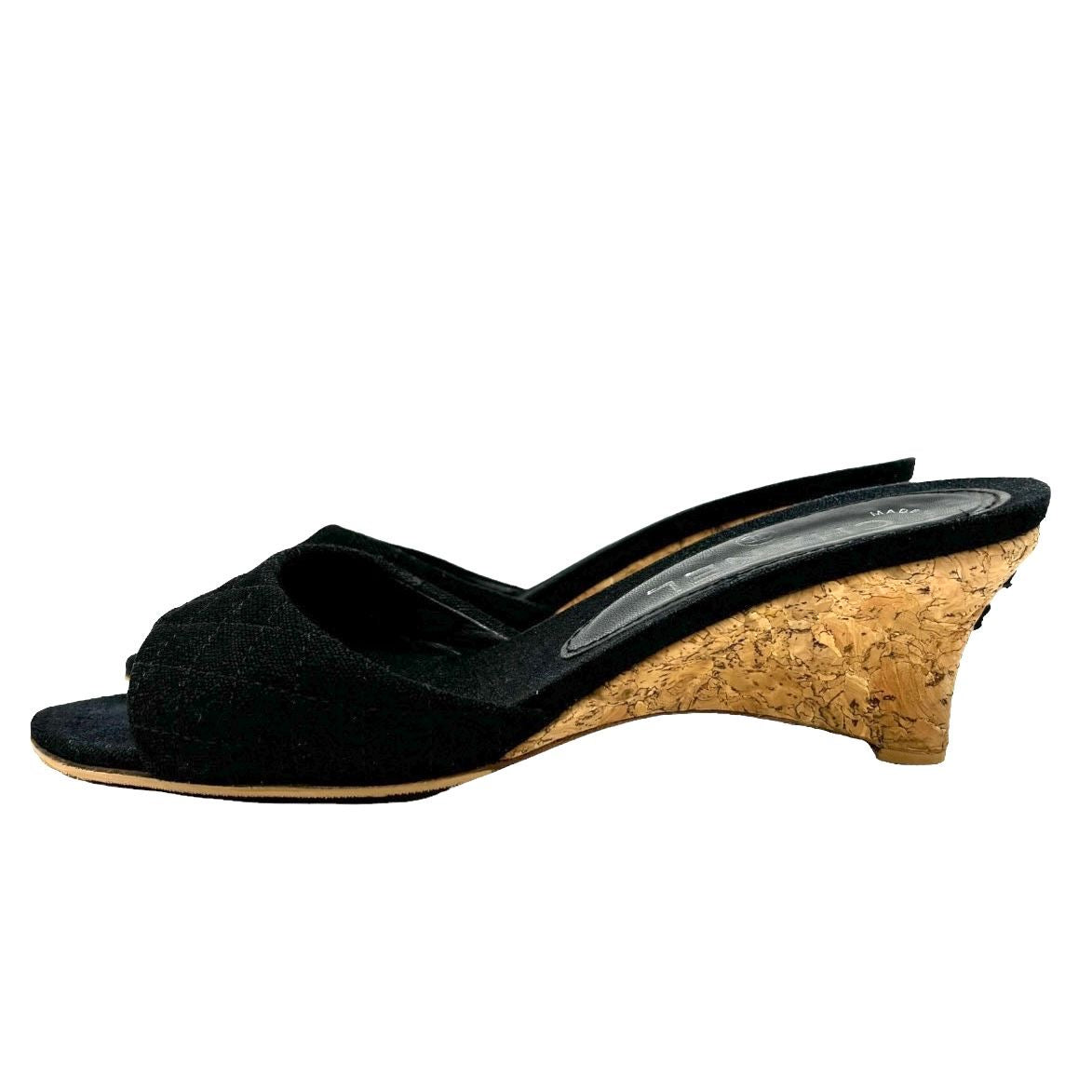 Chanel Black Logo Cork Wedge Heels