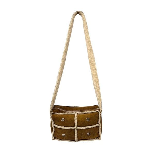 Chanel Tan Logo Shearling Crossbody Bag
