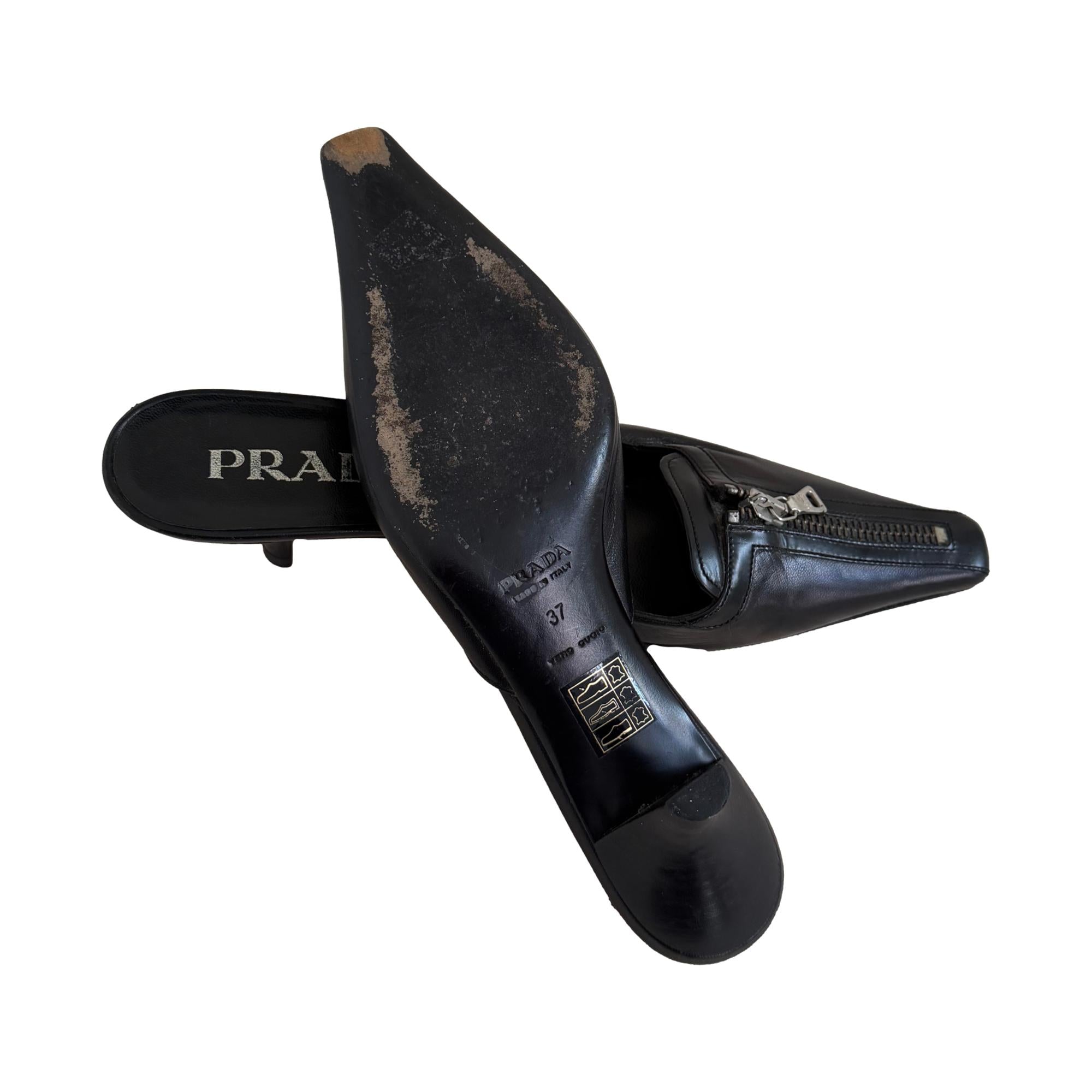 Prada Black Leather Zipper Kitten Heels