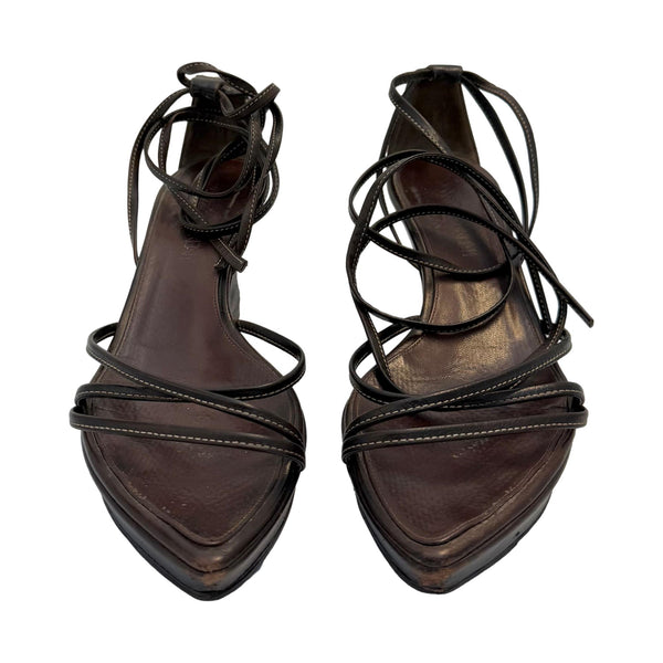 YSL Brown Lace Up Wedge Sandal