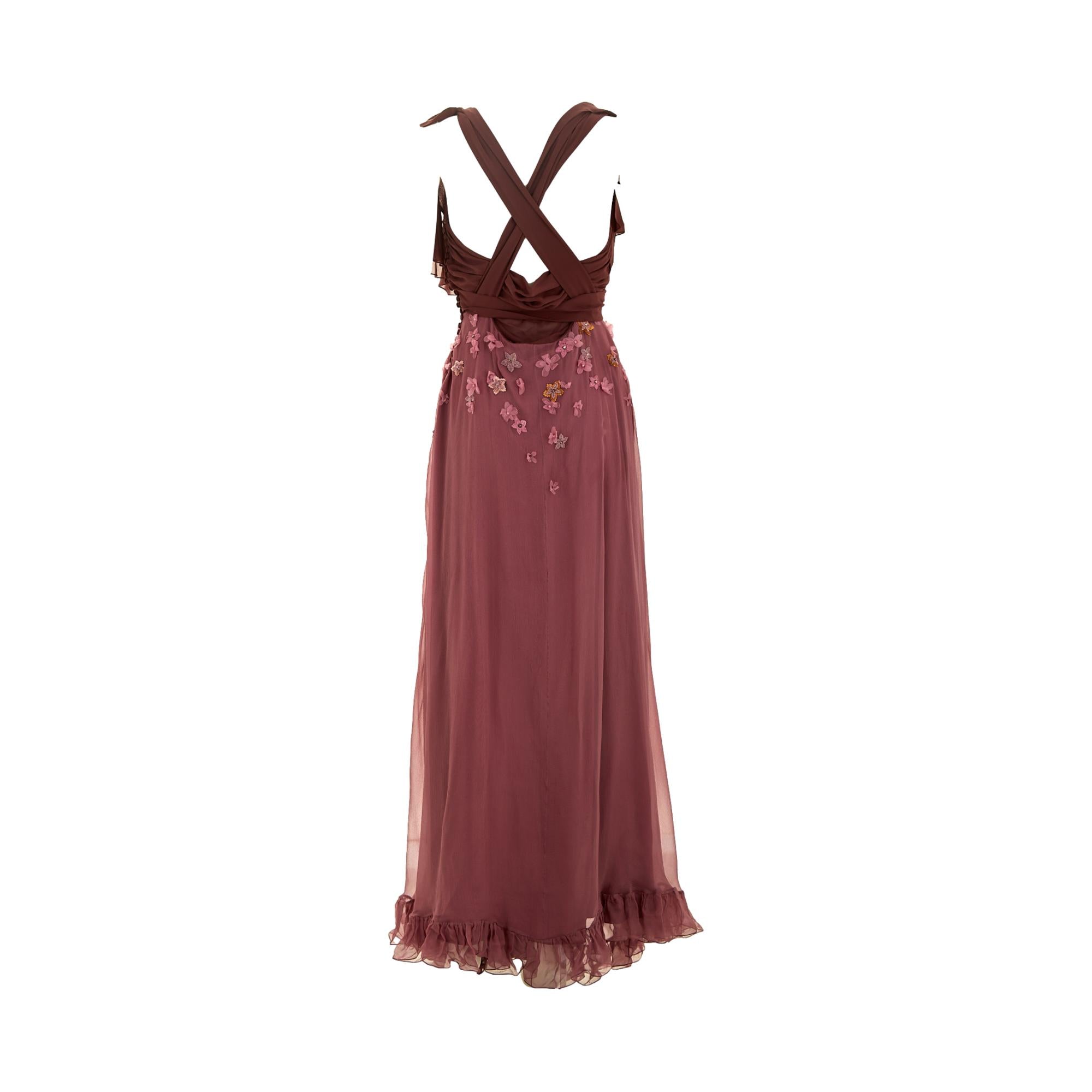 Dior Mauve Floral Appliqué Chiffon Evening Gown
