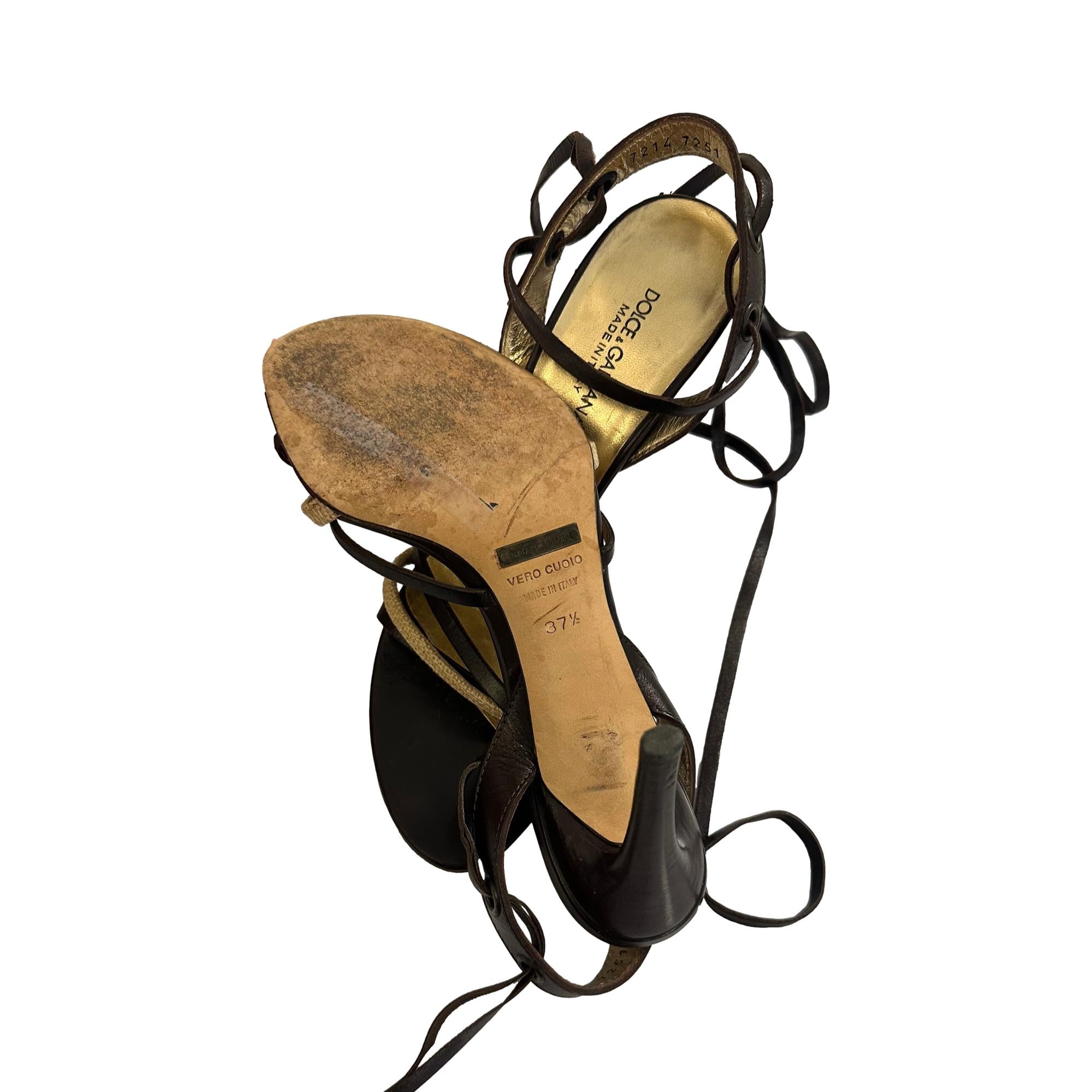 Dolce & Gabbana Brown Leather Lace-Up Heeled Sandals