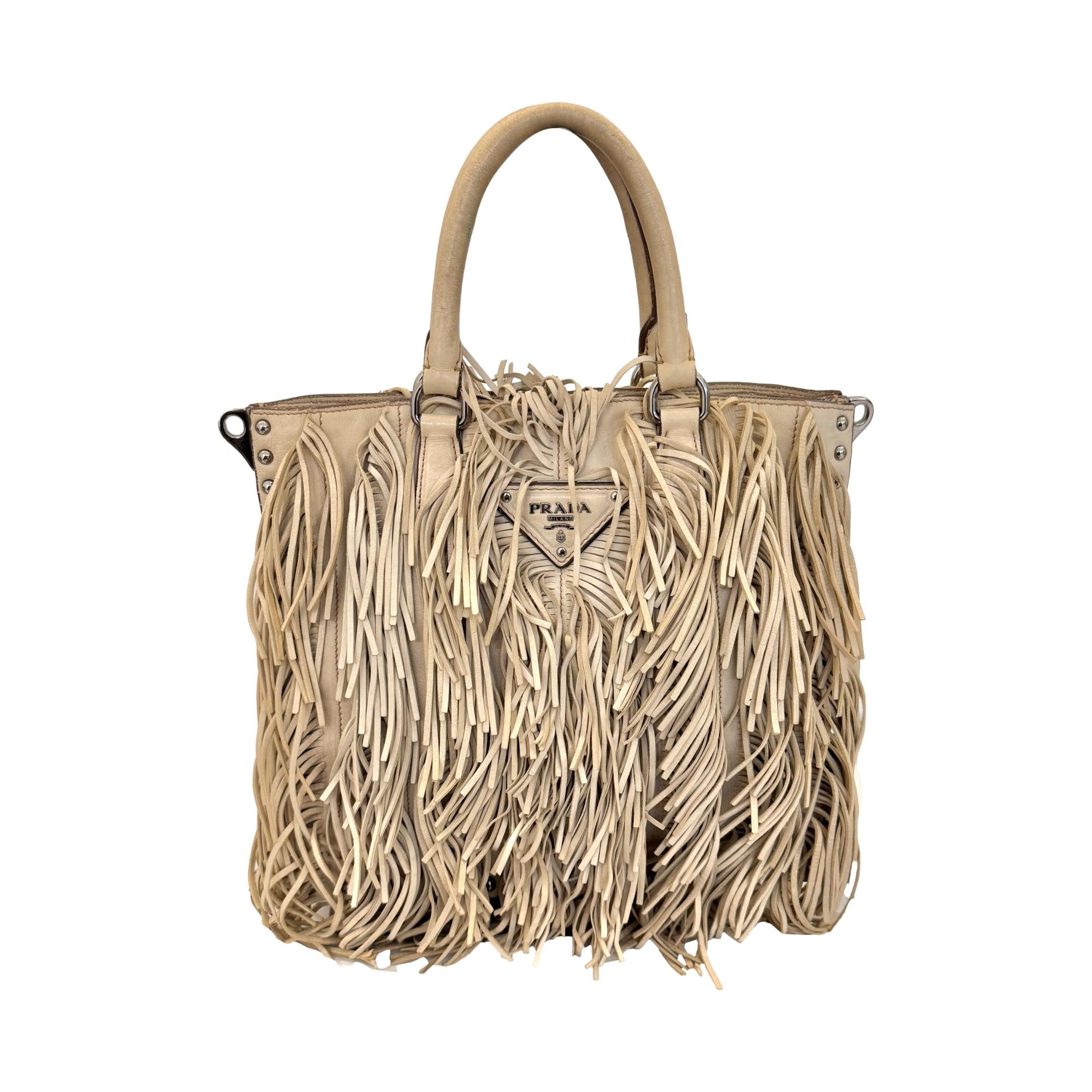 Prada Ivory Small Fringe Leather Shoulder Bag