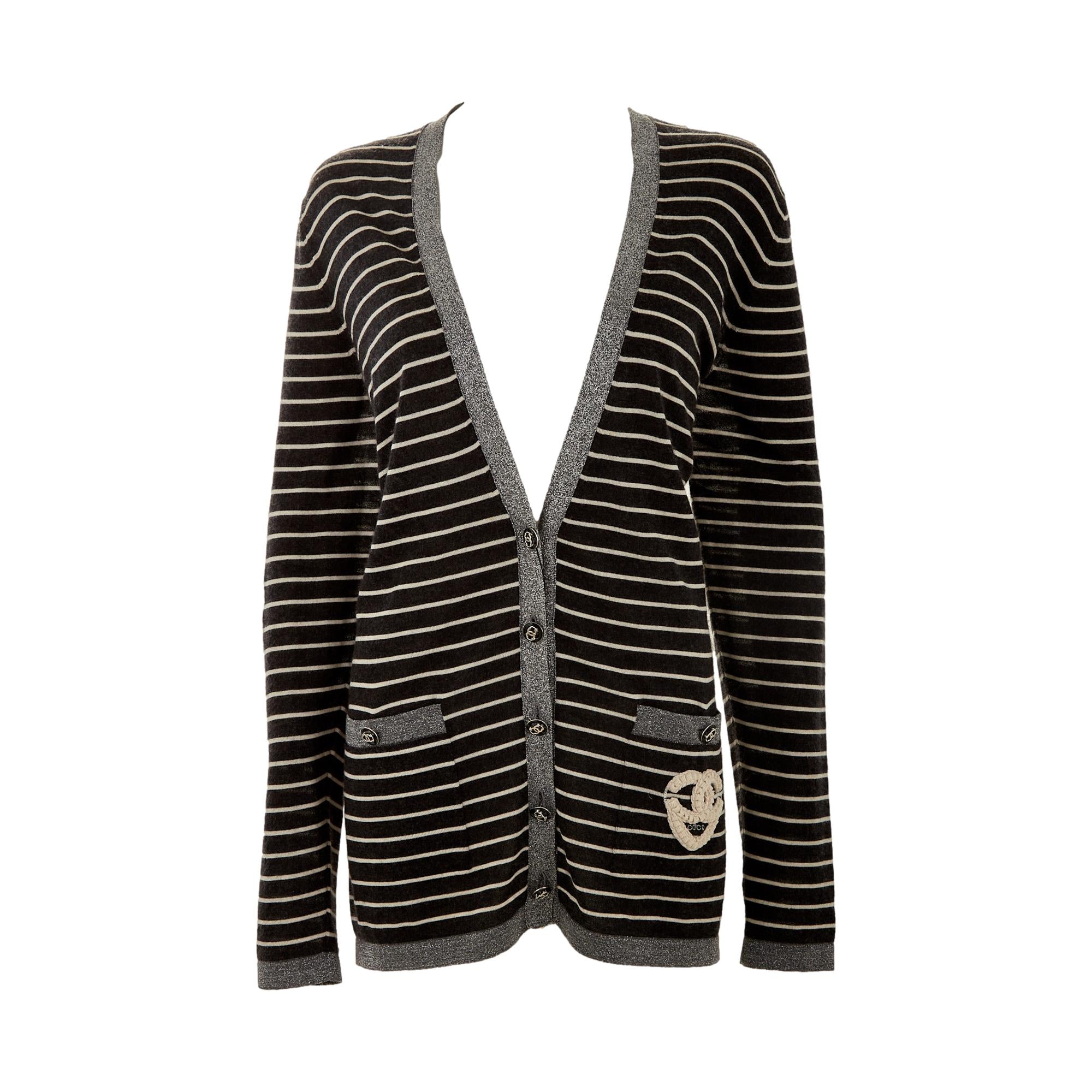 Chanel Gray Striped Heart Logo Cardigan