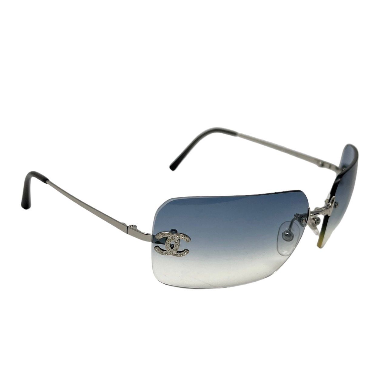 Chanel Blue Rhinestone Logo Rimless Sunglasses