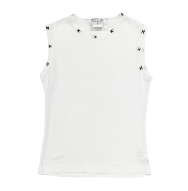 Chanel White Ribbed Logo Tank Top