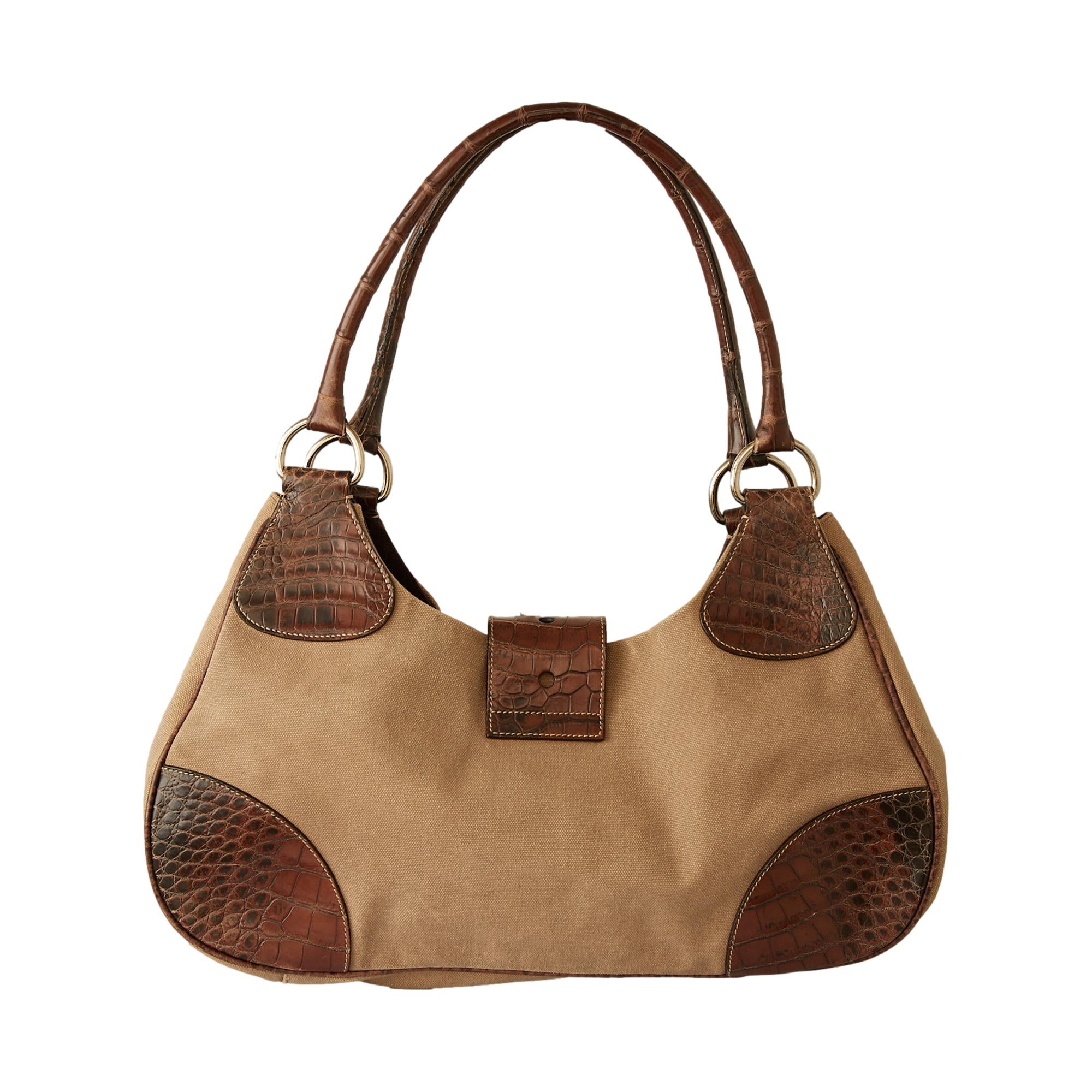 Prada Tan Croc Embossed Shoulder Bag