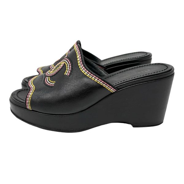 Chanel Black Stitched Logo Platform Sandals