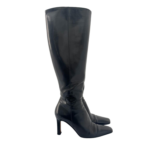 Chanel Black Leather Knee-High Logo Boots