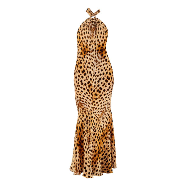 Roberto Cavalli Silk Cheetah Halter Gown