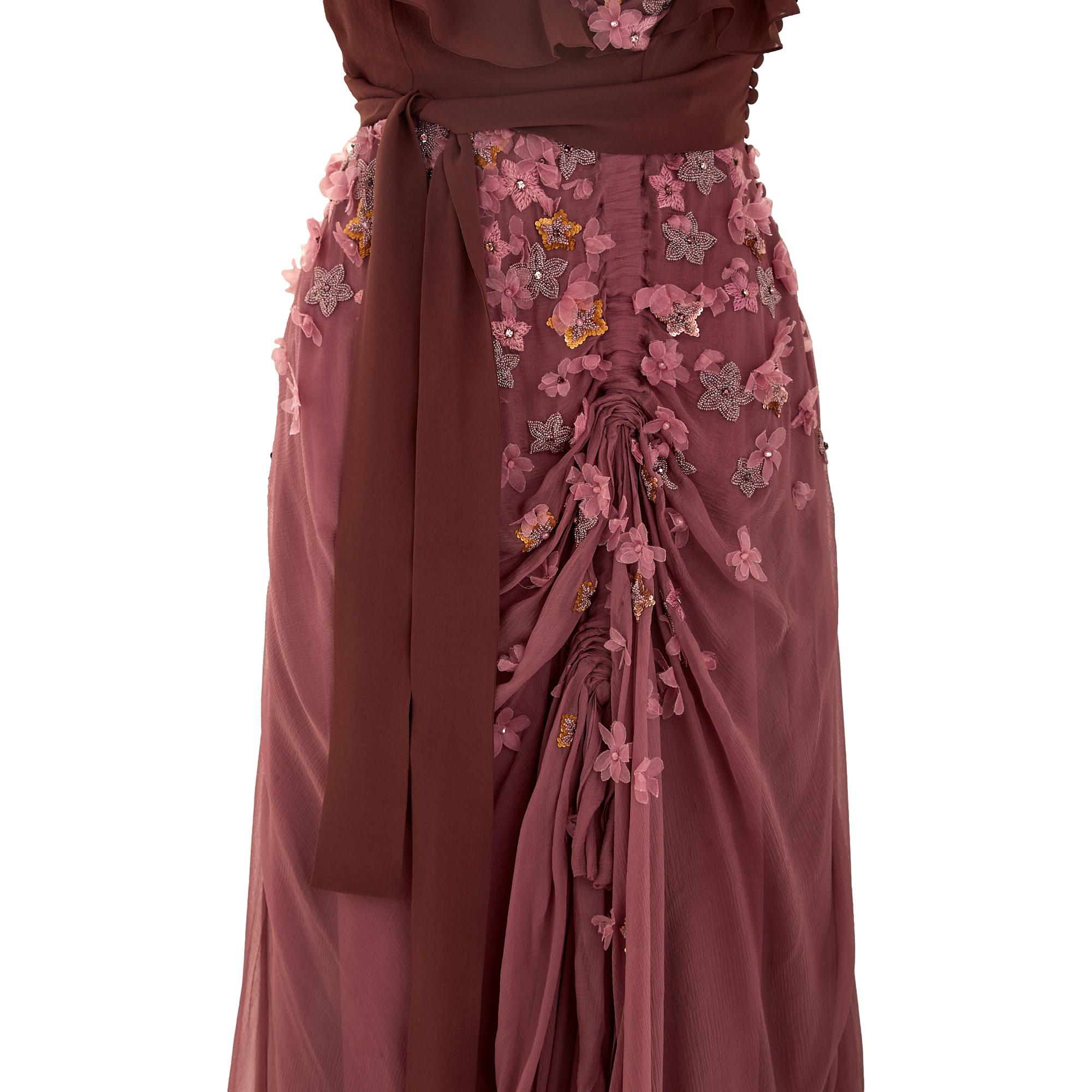 Dior Mauve Floral Appliqué Chiffon Evening Gown