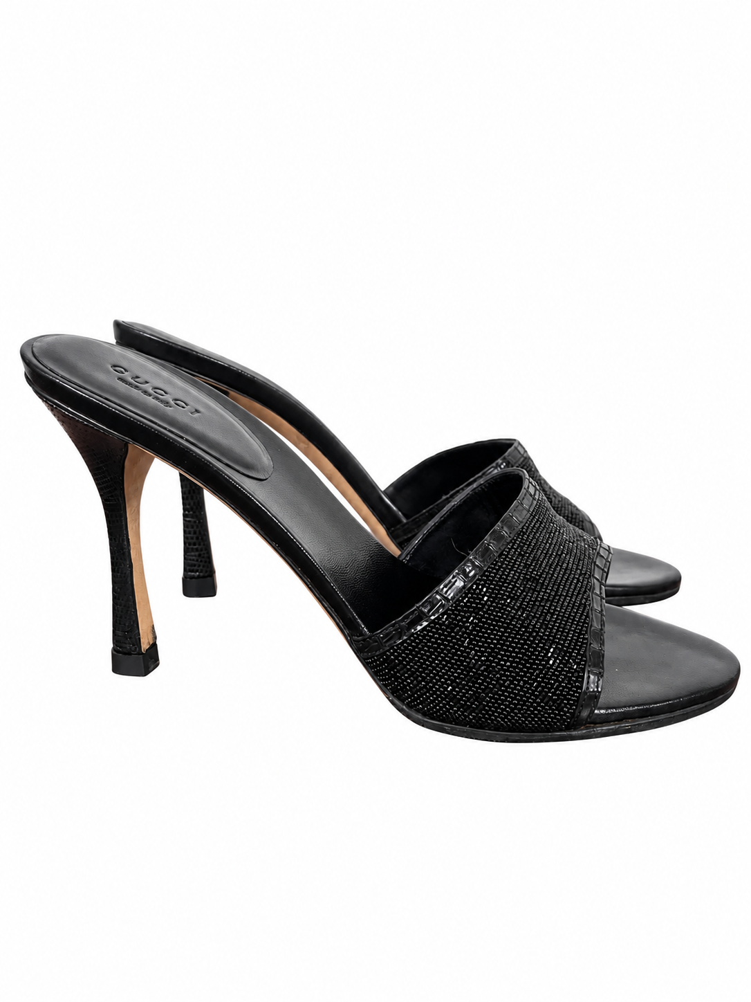 Gucci Black Beaded Logo Heels