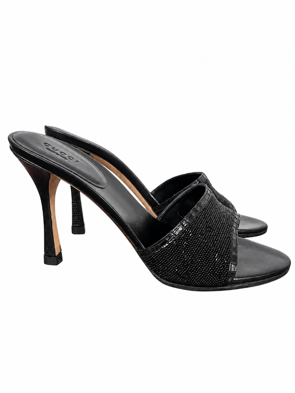 Gucci Black Beaded Logo Heels