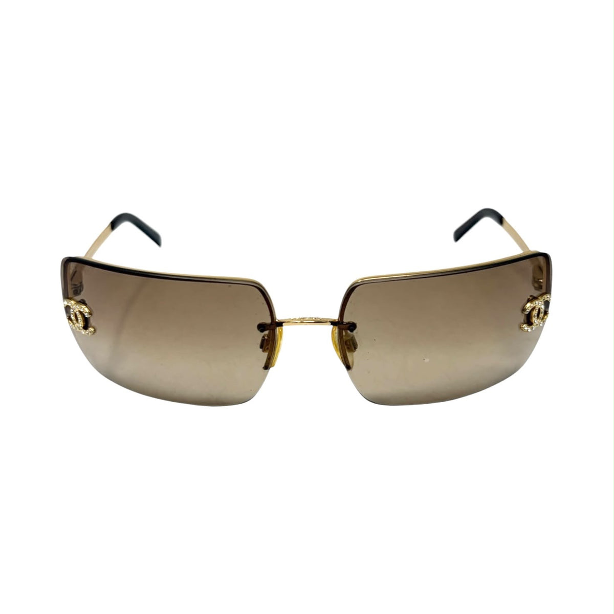 Chanel Brown Rhinestone Logo Rimless Sunglasses