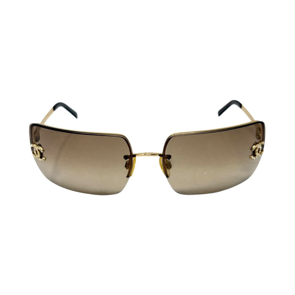 Chanel Brown Rhinestone Logo Rimless Sunglasses