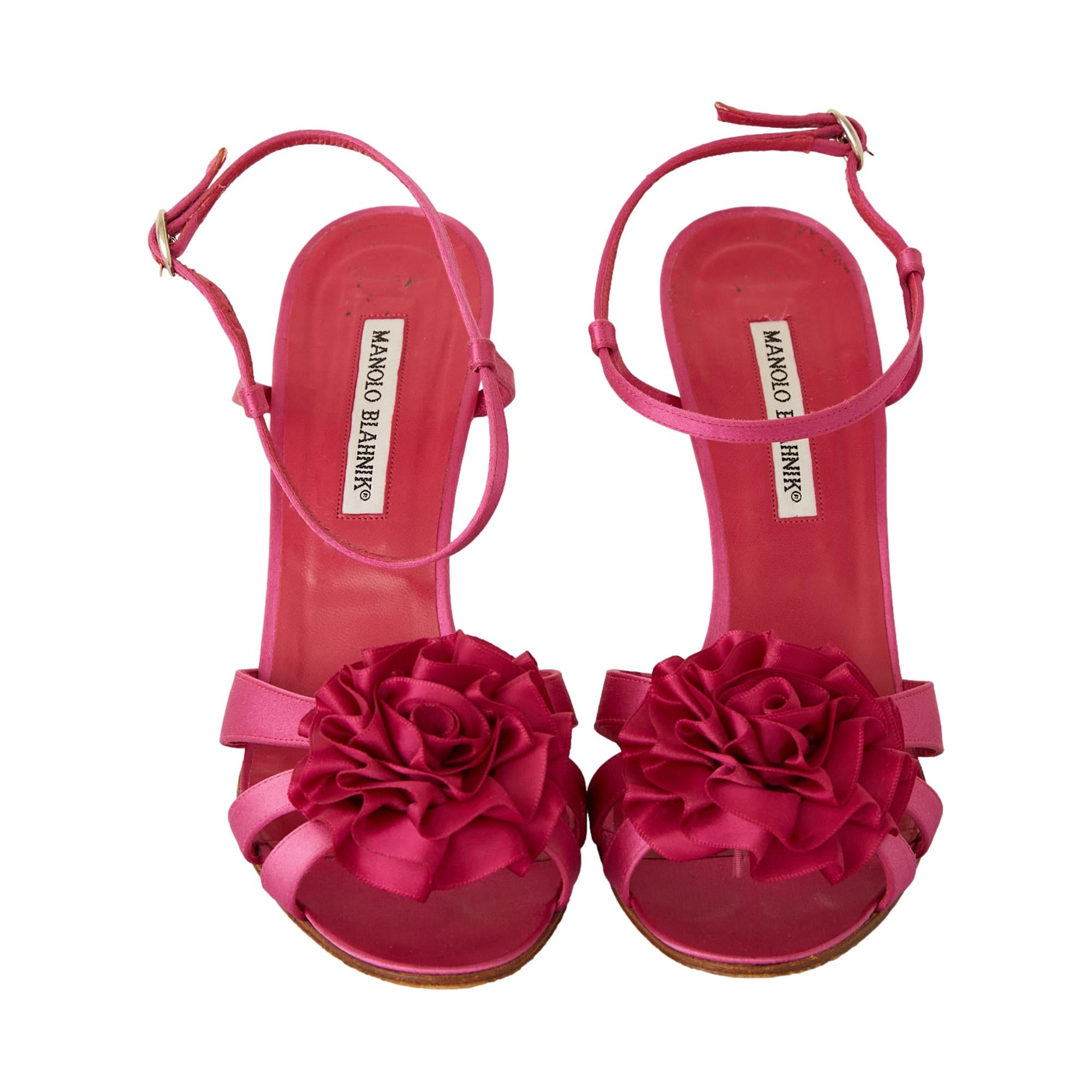 Manolo Blahnik Fuschia Satin Flower Heels