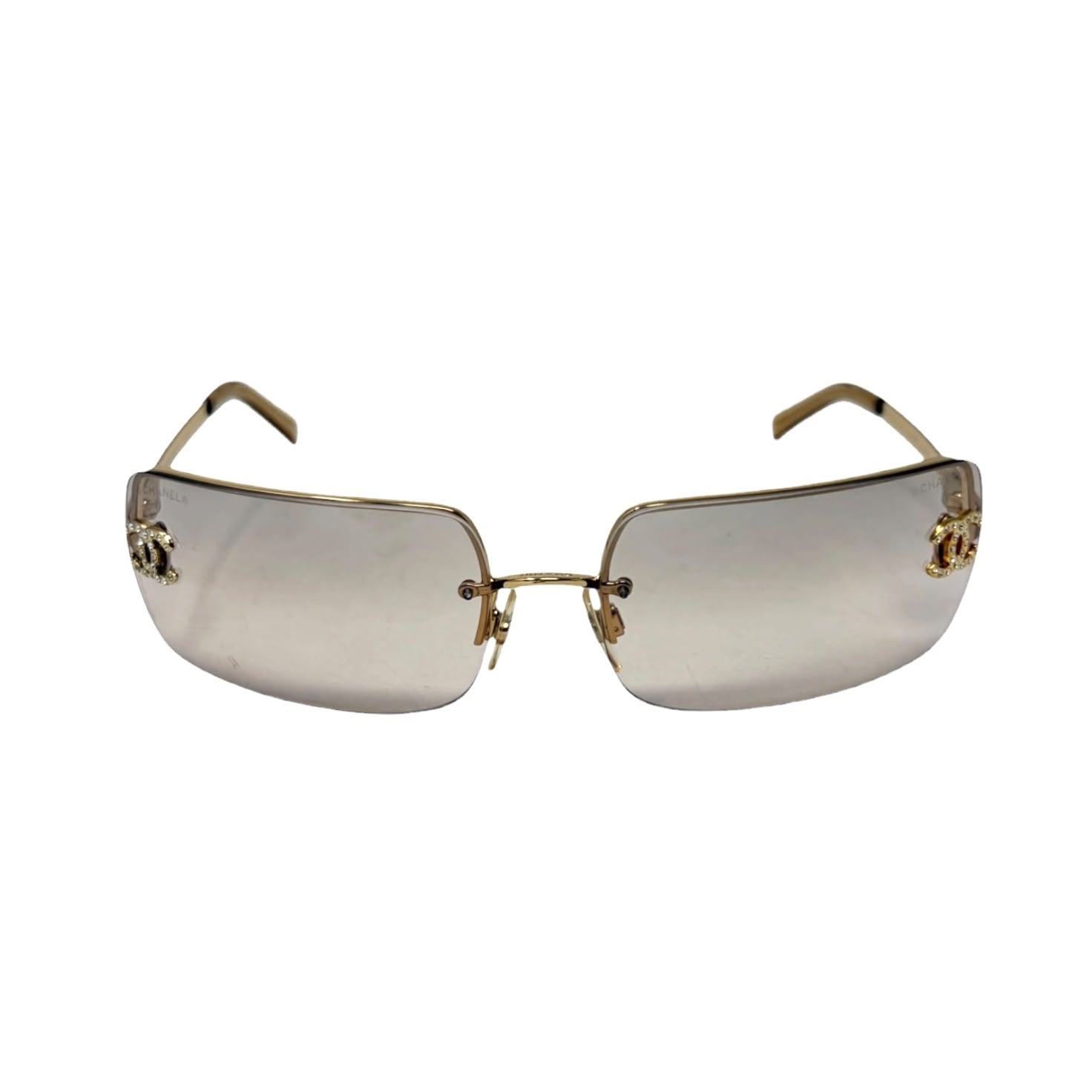 Chanel Light Brown Gold Rim Rhinestone Sunglasses