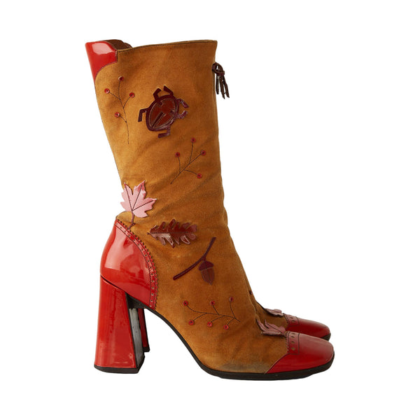 Prada Tan Suede Leaf Applique Boots