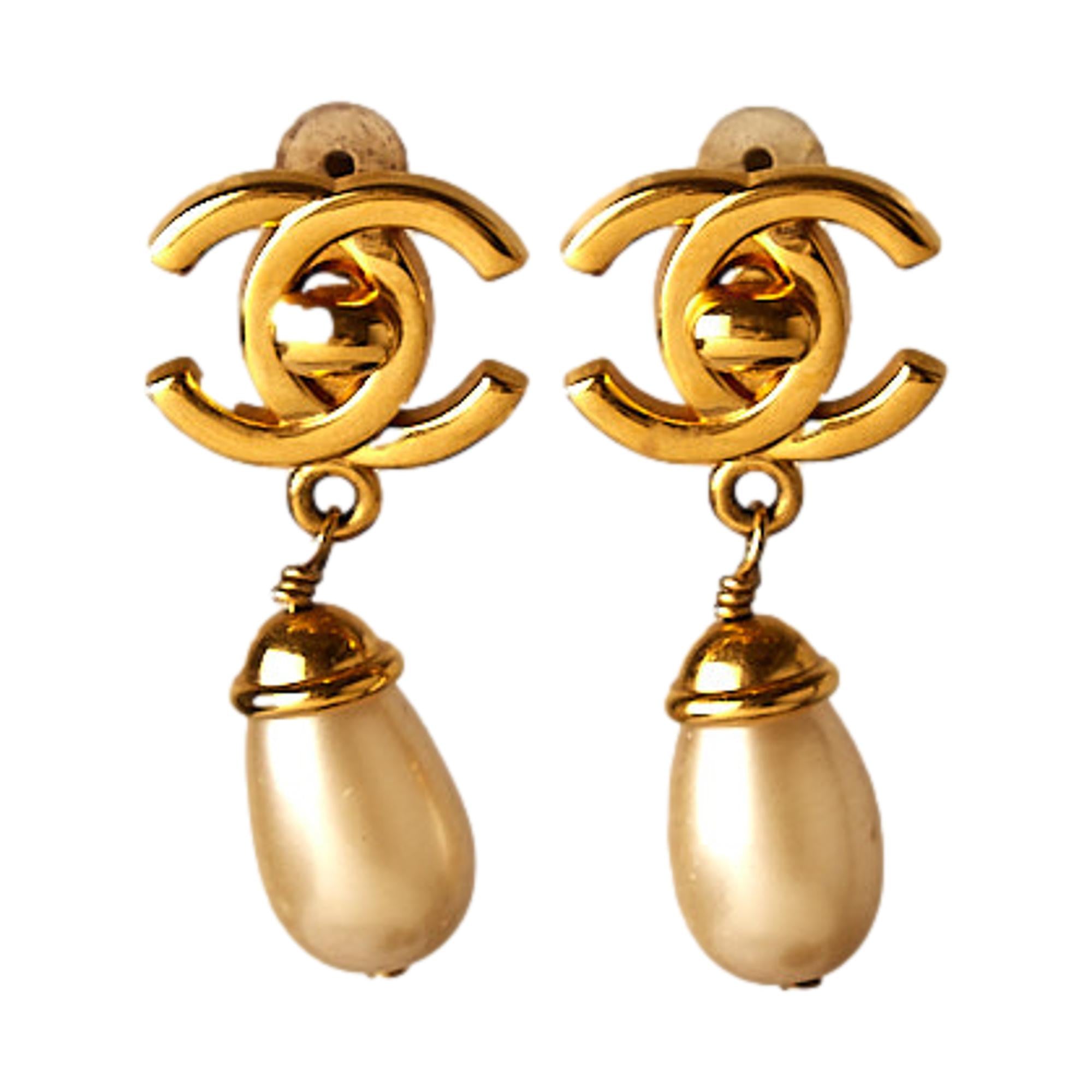 Chanel Gold Pearl Logo Earrings