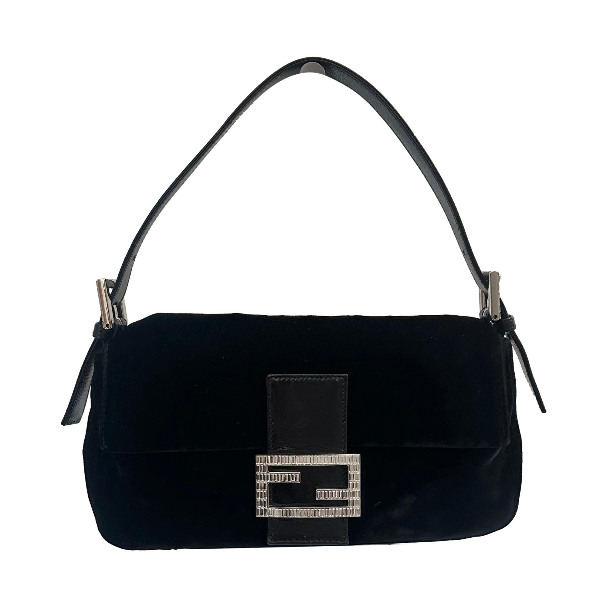 Fendi Black Velvet Rhinestone Baguette