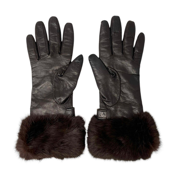 Fendi Dark Brown Fur Logo Gloves