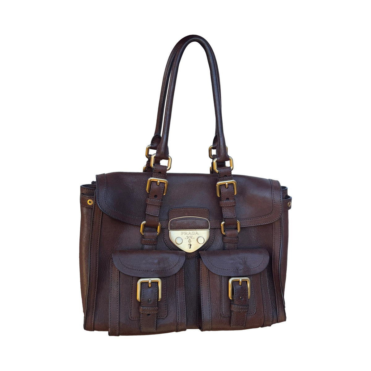 Prada Brown Leather Logo Shoulder Bag