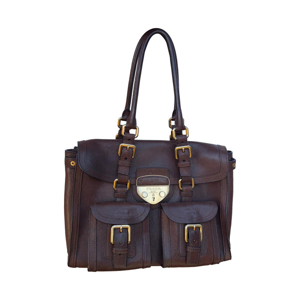 Prada Brown Leather Logo Shoulder Bag