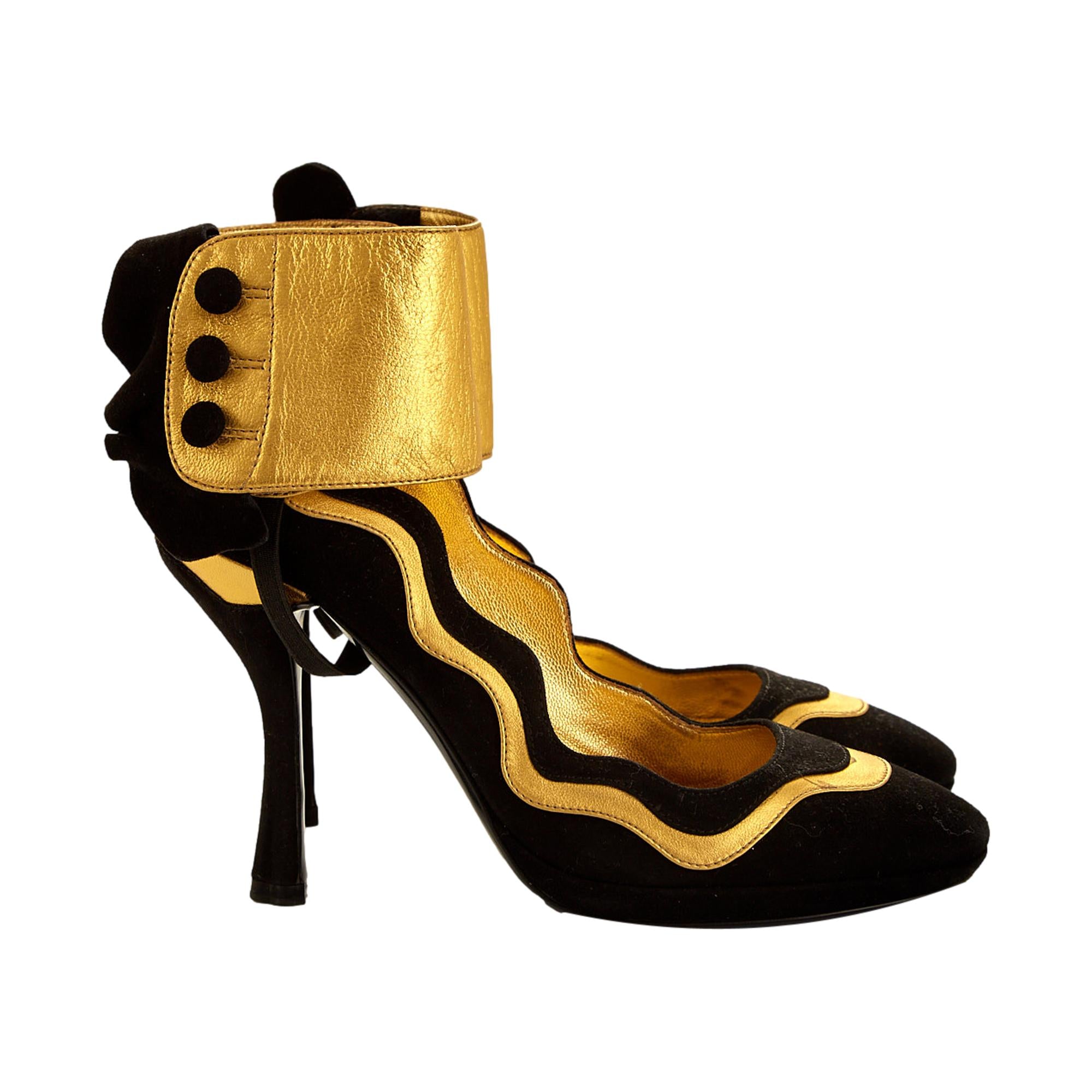 Prada Black Suede & Gold Leather Sculptural Heel
