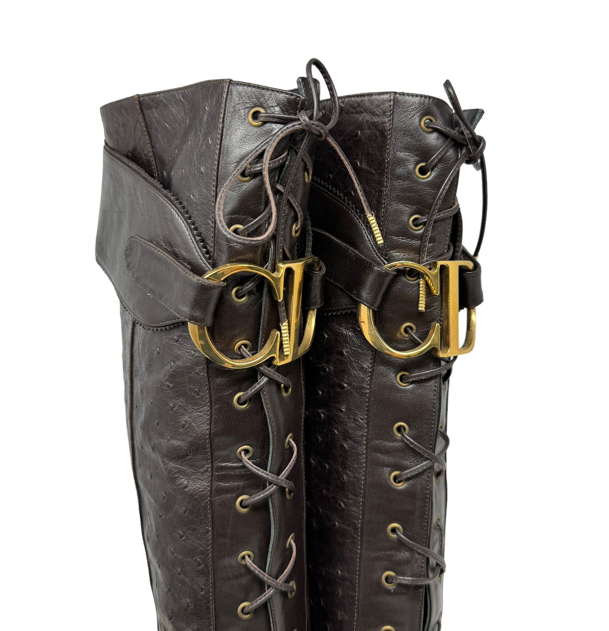 Christian Dior Gold Ostrich Leather Lace up High Heel Boots