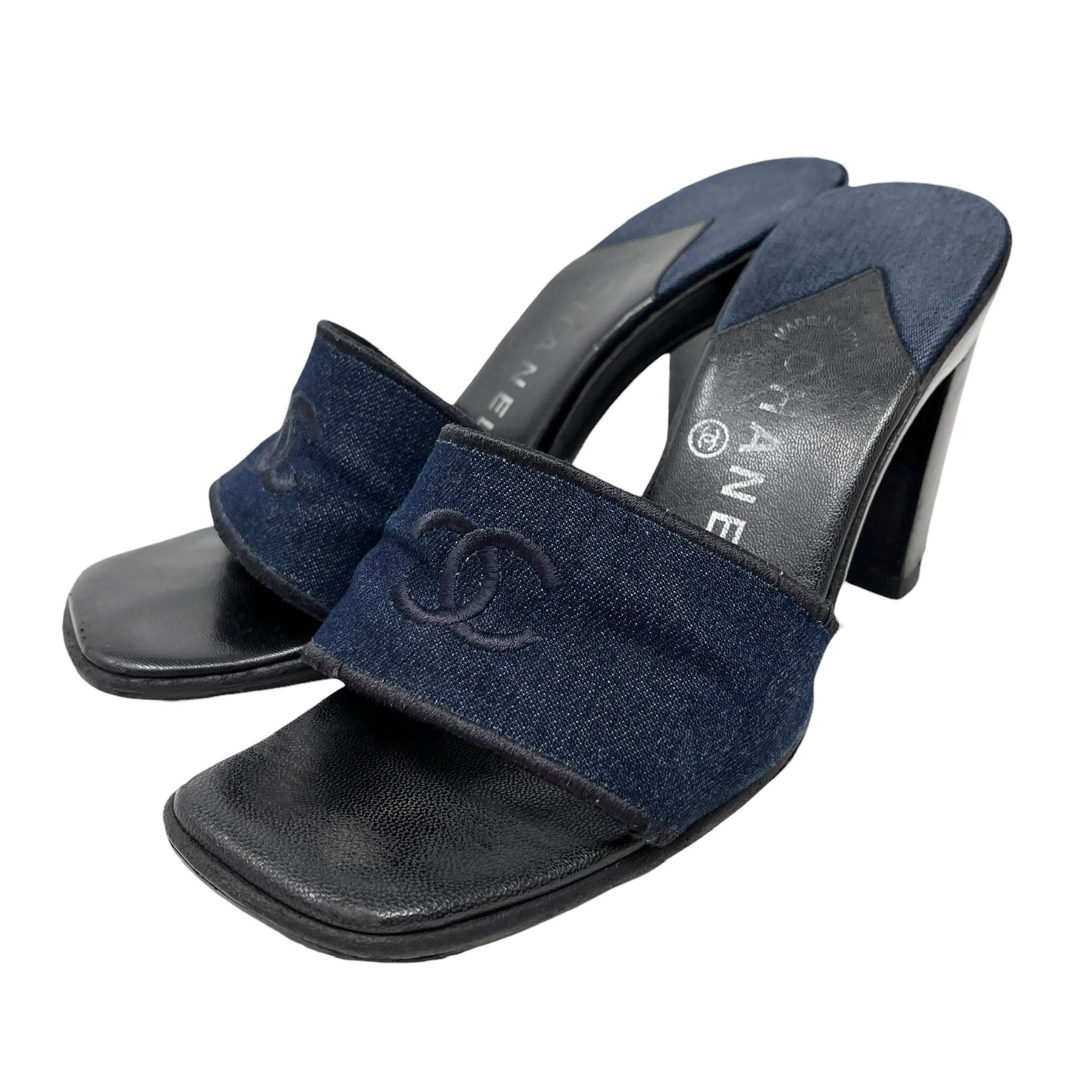 Chanel Denim Logo Block Heels