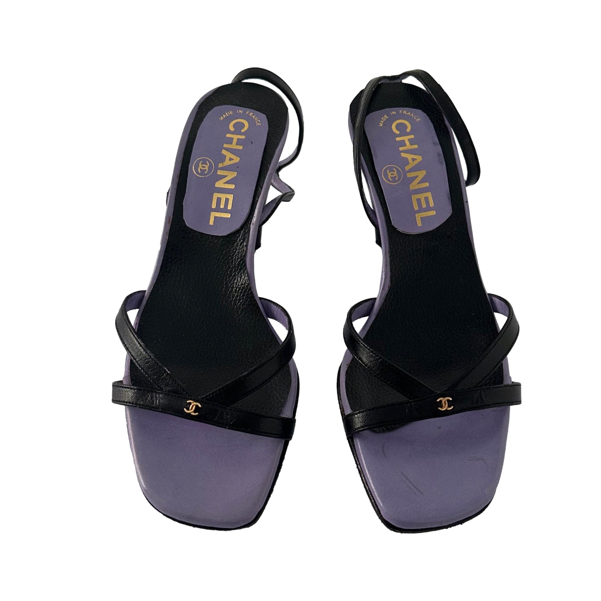 Chanel Black and Purple Strap Heels