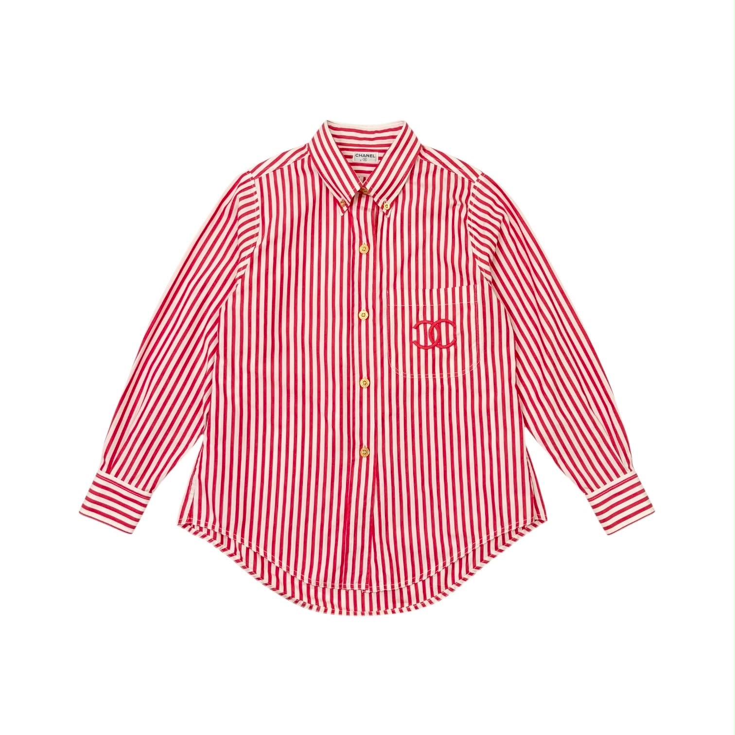 Chanel Red + White Striped Button Down Top